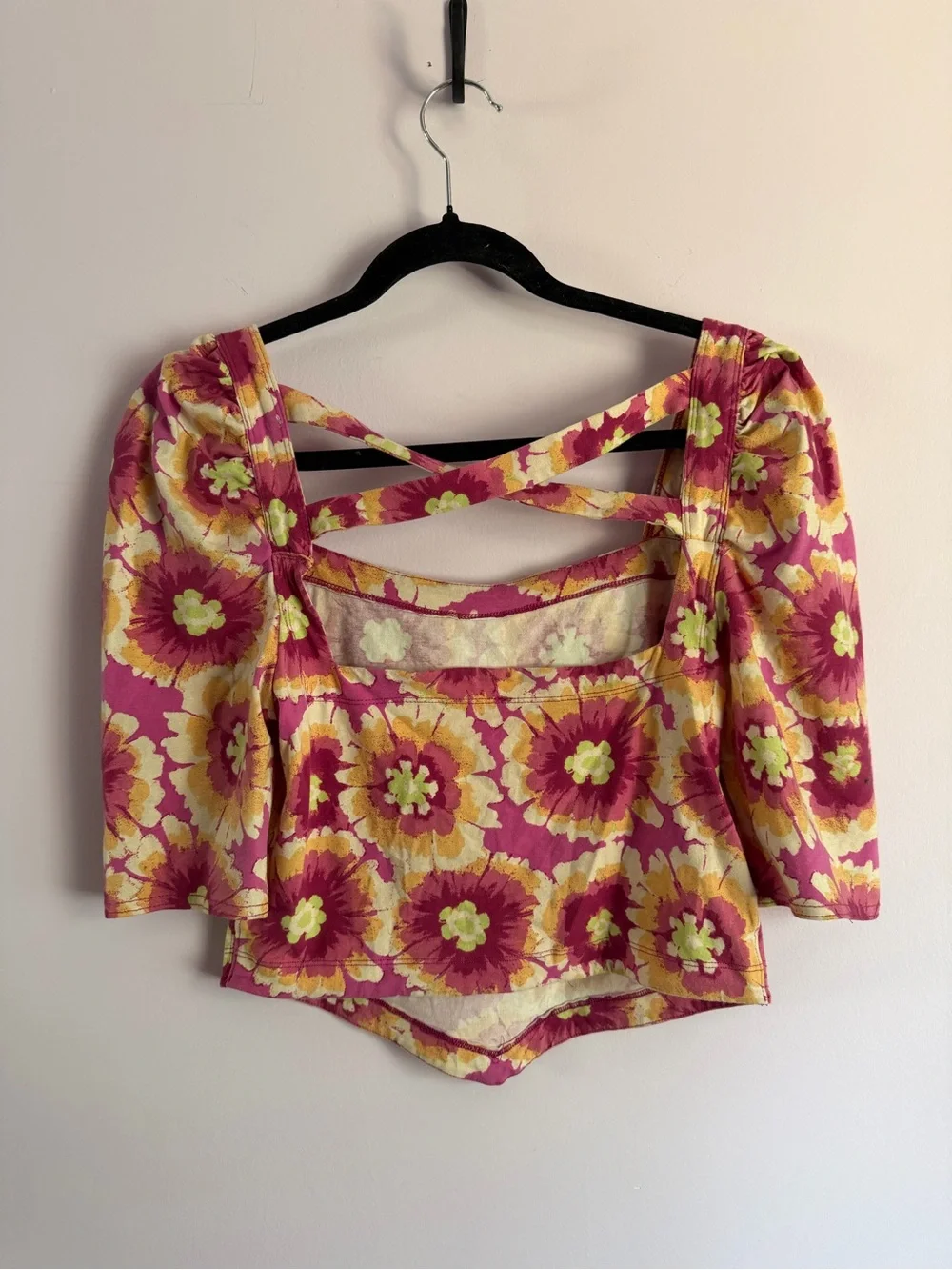 Free People Floral Square Puff Sleeve Give Me More Crop Top Cotton Cottagecore M